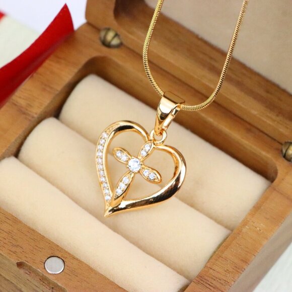 "Heart-Shaped Rose Gold Cross Pendant with Sparkling Accents, XPPT1326 - Picture 3 of 13